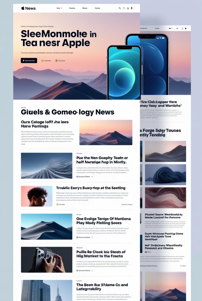 Create a news app landing page about All articles that mention Apple. modern