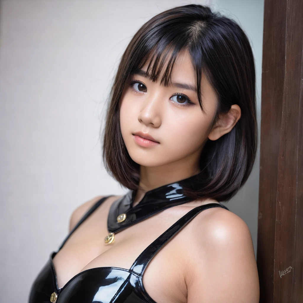 Yui, photo of female, age 15 year, black shoulder length hair with brown highlights; (dslr, ultra quality, film grain, Fujifilm XT3, crystal clear, 8K UHD, highly detailed glossy eyes, high detailed skin, skin pores); big breast, black latex dress