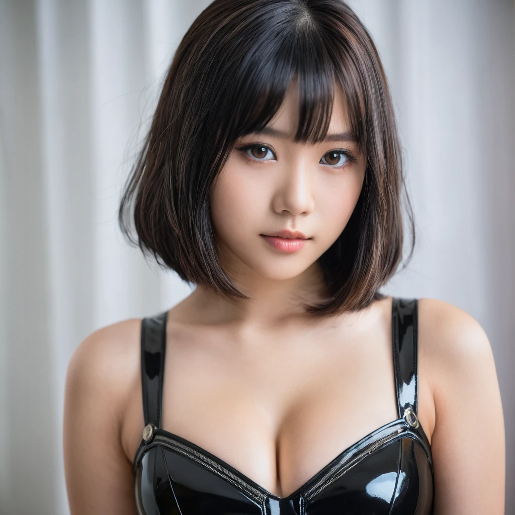 Yui, photo of female, , black shoulder length hair with brown highlights; (dslr, ultra quality, film grain, Fujifilm XT3, crystal clear, 8K UHD, highly detailed glossy eyes, high detailed skin, skin pores); big breast, black latex dress