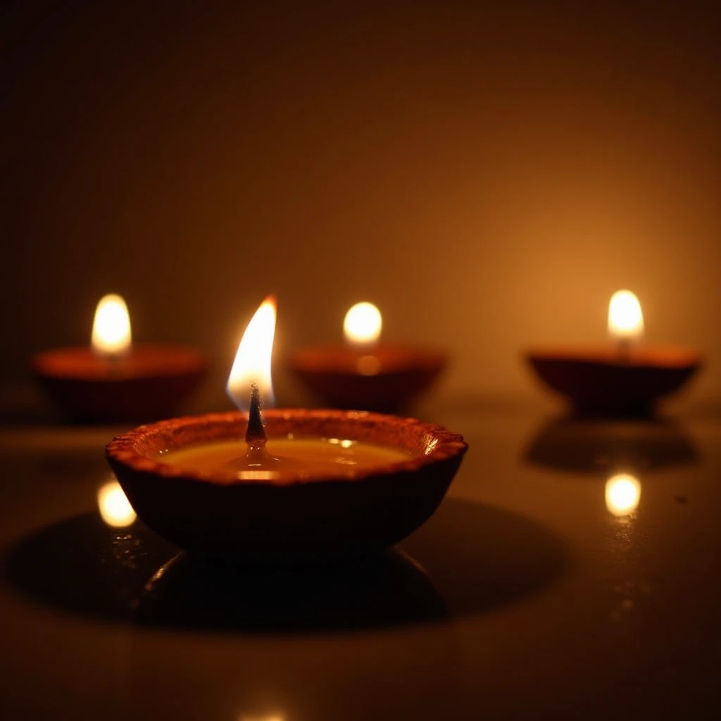 Close-up of several lit Diya lamps, their soft warm flames flickering in the darkness, creating a serene, golden ambiance with reflections on a smooth surface