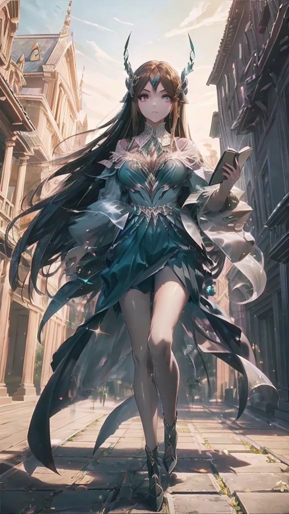 best quality,masterpiece,Ultra-high resolution,photoactual:4:0,Demon Palace Academy Park,Albedo,long hair shawl,Devil's Horn,Big breasts,shirt clothes,mini skirt,holding book