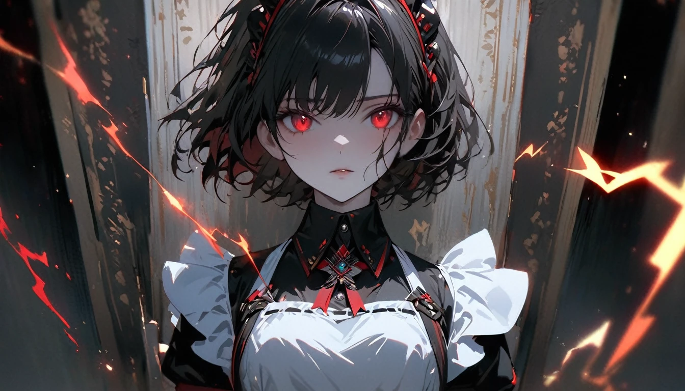 (alone), Black Hair, Shortcuts, Shiny hair, Short Hair,, Expressive hair, mature,(Age 25), Pale skin, Red eyes, ((woman)), maid,maid headdress,View your viewers,apron, beautiful, Charm, Eye Reflexes, Depth of written boundary, Lightning aura,Cinema Lighting, Ray Tracing, Depth of written boundary, Cinema Lighting, Ray Tracing, 超High resolution, Attention to detail, 最high quality, High resolution, high quality, Awards, Super Detail, masterpiece, 8k, 超High resolution, Attention to detail, 最high quality, High resolution, high quality, Awards, Super Detail, masterpiece, 8k, Digital Art, Anime Coloring, whole body, Body Shot, Nice face, Perfect Face, Detailed face,, Sitting on the throne