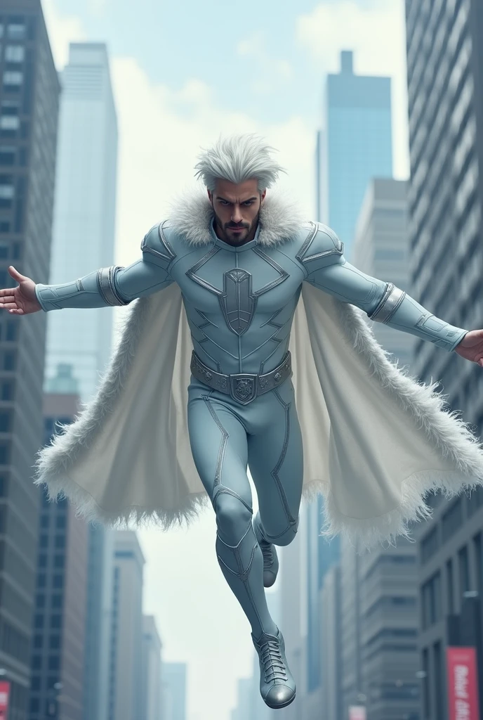 FULL BODY photorealistic white haired handsome hunky adult Jack Frost wearing a white and silver hero suit, flying around the City