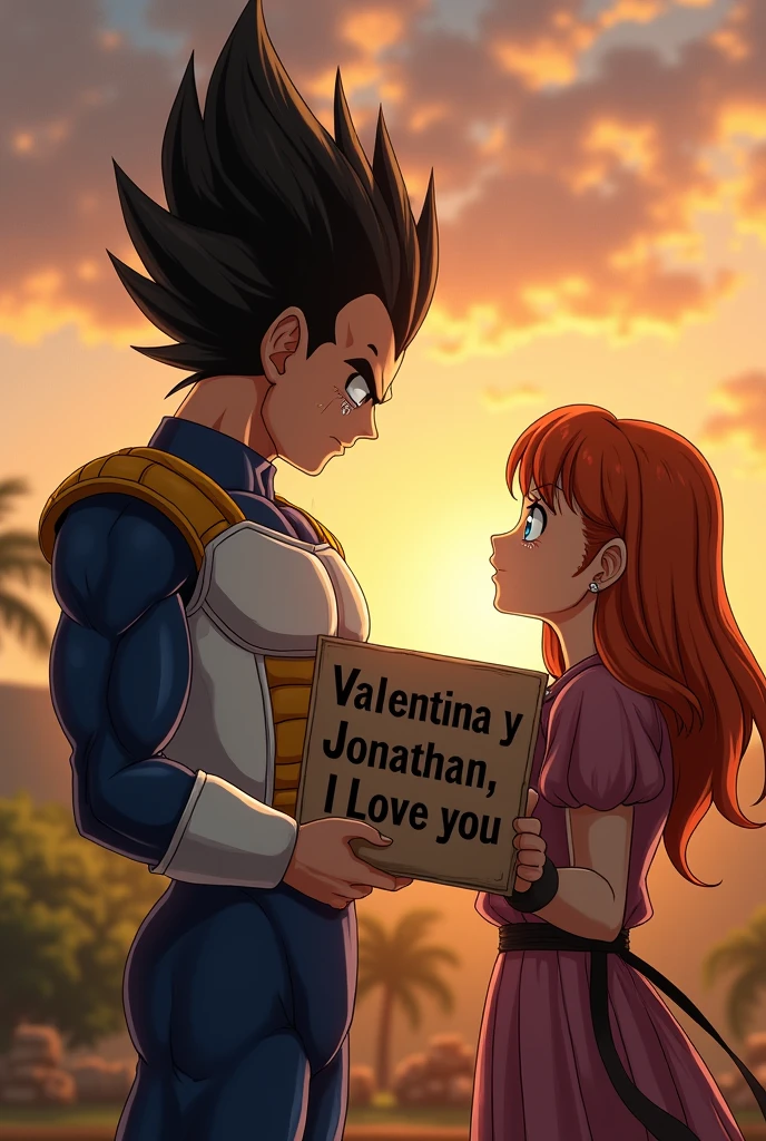 Vegeta crying, Bulma saying goodbye with a sign that says "valentina y Jonathan " I love you