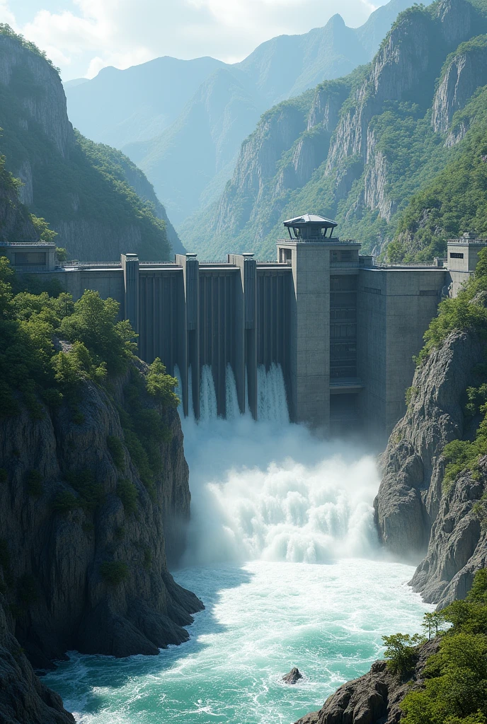 Create a futuristic image of large dam with Francis turbines