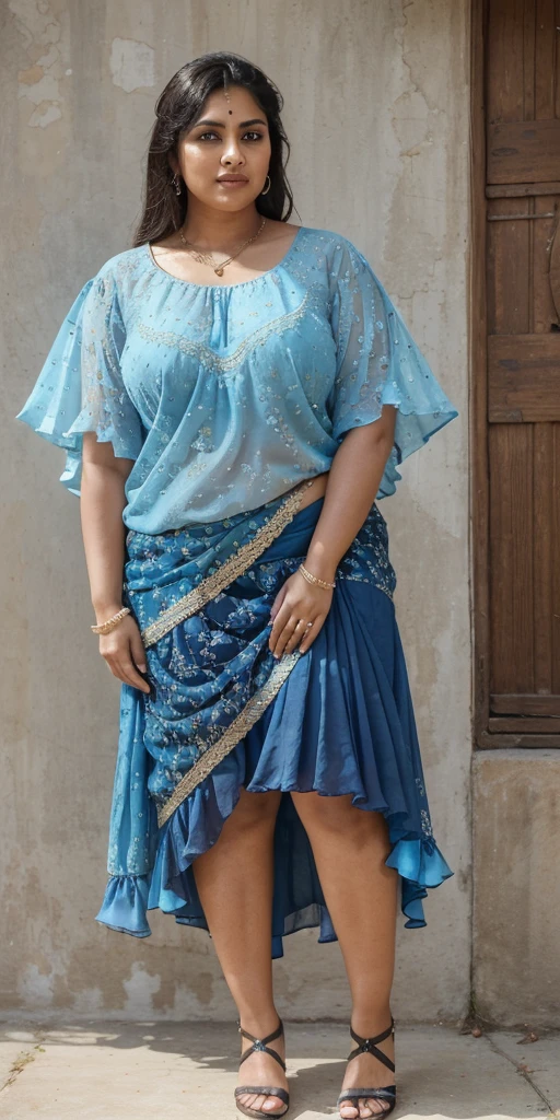 Day scene, A radiant, full-figured South Indian 35 year old aunty a blue colour chiffon mini skirt and black chiffon shirt, standing, in a garden captured in a full-body image with vibrant hues and meticulous details. Full body image