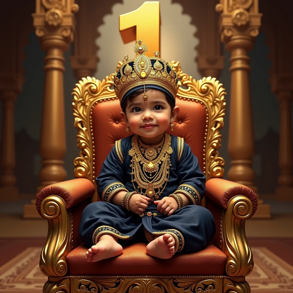 Create an image of a indian baby boy sitting on a grand carved golden throne, wearing dark blue and gold threaded outfits, with a large size number '1' seen behind the throne, wearing a golden crown and jewelry, palace arch neatly ornated and carved is visible, very regal and royal
