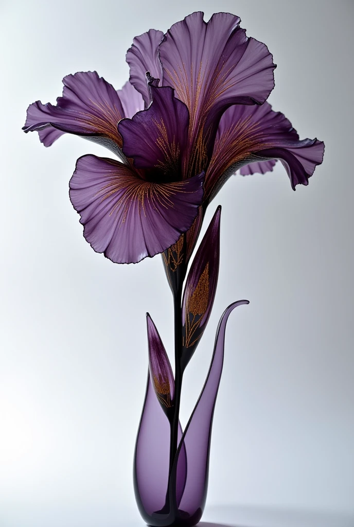 A gladiolus flower made of glass, It is a dark purple shade, and has golden veins in each petal like kintsugi art.