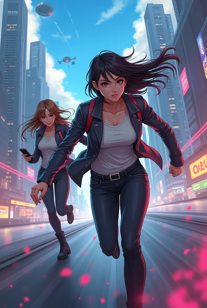 A woman and her friend are chasing a thief, holding a phone. The background is a high-tech city. Anime, watch creative news media.