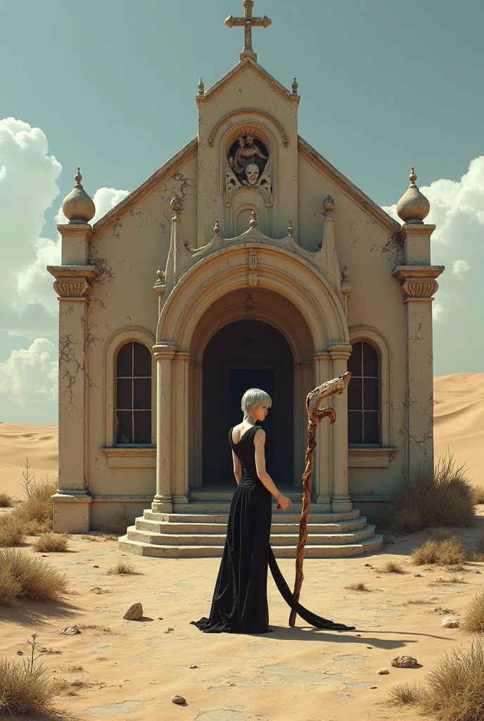 A ruined church in the middle of the desert, In the center of it an altar with a wooden staff, At its tip a kind of fox tail coiled like a whirlpool, Her cheekbone is a red gem 