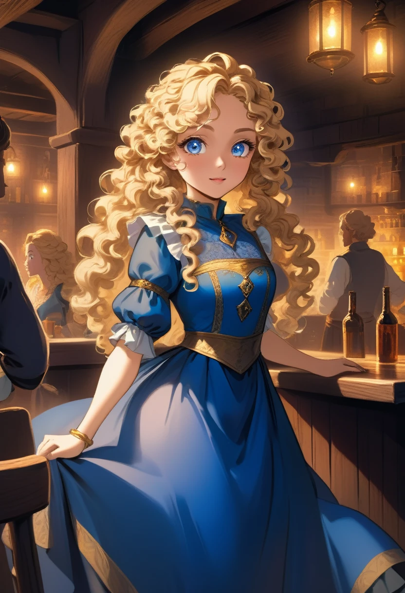 masterpiece, safe, best quality, expressive eyes, perfect face a young anime woman in renaissance, historical, fantasy wearing blue dress long curly blonde hair down her waist no bangs saphire eyes. she is in a night time tavern, excited to enjoy the music