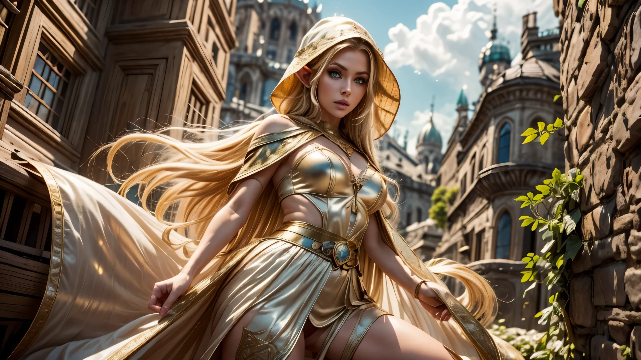 A full-body shot of Princess Zelda, brown hair, blue eyes, dressed as an Assassin from Assassins Creed, in white+gold witha white mask and hood with gold details, XL bust, using a wrist blade. Background: A city during the renaissance period. Unreal Engine 5, Anime, Anime style, Masterpiece, Well drawn eyes, well drawn face, well detailed eyes, well detailed face, 8k, light and shadow effect.  