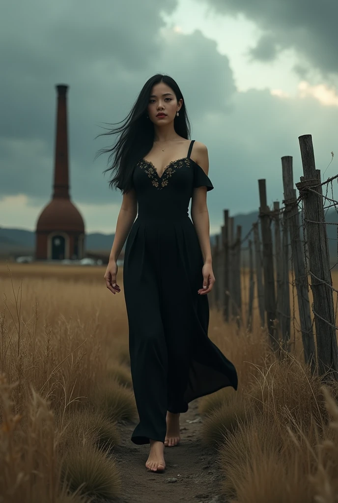 cinematic (photorealism:1.2), real pic
real pic 34 year old curvy Asian woman with long black hair, wearing a black dress with floral motifs, black shoes, walking against the backdrop of the savanna, tall dry weeds, a stretched wooden fence, a rusty chimney, dark clouds