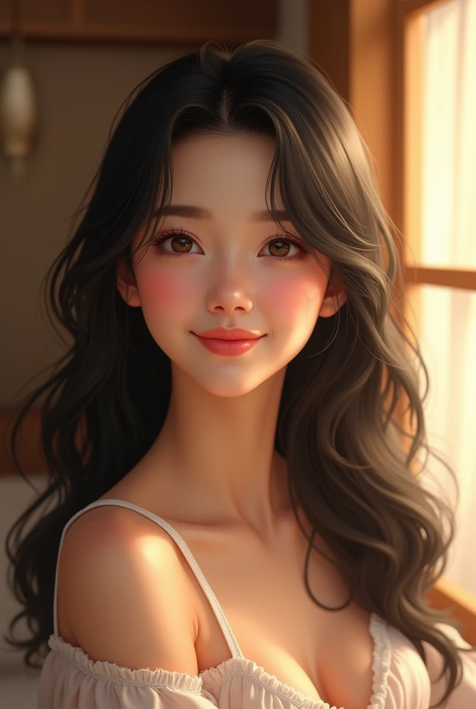 Japanese woman in her 20s, semi-long black hair, cute, smiling, soft lighting, warm atmosphere, sense of charm and grace, 