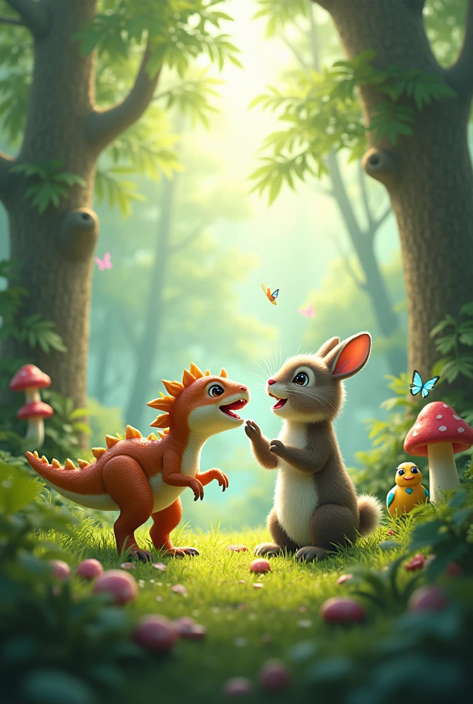 A small dinosaur, bird and rabbit forest challenges