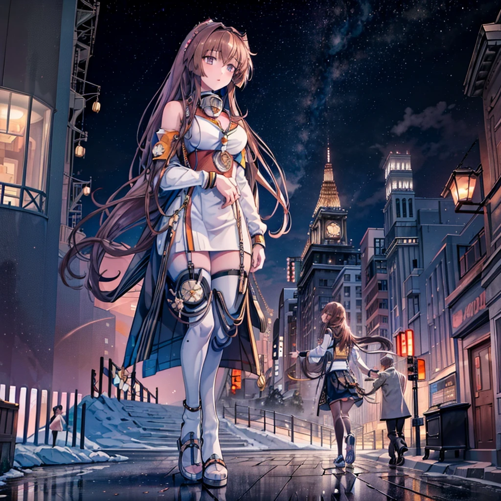 Composition viewed from below ((evening)) ((sunset)) ((sunset)) cumulonimbus masterpiece Anime Style Delicate painting 4K 90's giant plural crowd ((Brown Hair)) Metropolis crowd Crowd of people ((A giant Yamato standing in a valley between skyscrapers)) ((Fleet Collection)) Metropolis Tokyo Akihabara Electric Town Big Breasts Sweating profusely Splash sneakers White socks watch Black Hair smile female giant giant girl Whole body Crowd Unreal Engine,cleavage ,a drawing of a , earrings, long hair,Cute picture Beauty Analog style whole body sneakers