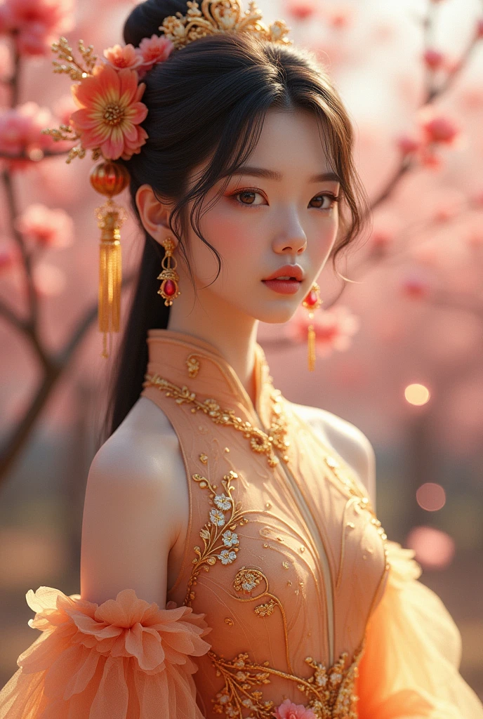 (masterpiece,Highest quality:1.4),(8k,RAW Photos,Photorealistic:1.4),Ultra-high resolution, ,(Glowing Skin:1.4),Detailed肌,Detailed顔,Detailed目,(Beautiful and shining eyes:1.2),Symmetrical eyes,Detailed耳,One person,Natural Makeup,(((Japanese Idols))),(Japanese Face),Detailed背景,Vivid background,、Peach Blossom Garden、Fairy、Beautiful and shiny hair,,((Average teenage breasts)),Ultimate cuteness,(Detailed Female Hermit、A golden, sheer, fantastical costume、Ancient Chinese fantasy films),,((Sharp Face)),Natural light,,(Very detailed ,Trend design for 2024,online shopping,LUMINE® Market,),Emphasized breasts,Upper Body,,(Detailed,Location was great.),,、Green Eyes、Sexy Style