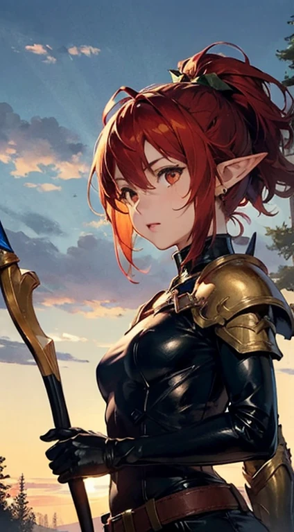 Vibrant colors, masterpiece, sharp focus, best quality, depth of field, cinematic lighting, girl, dusk, forest, cloud, shinny hair, shinny skin, bodysuit, elf light armor, elf clothes, elf girl, pointy ears, red hair, Antenna hair, spiked hair, short hair with side locks, orange eyes, short hight ponytail, black thigh boots, belt, short shorts, hair between eyes, bow (weapon), holding bow, more prism, vibrant color, drawing bow,upper body,