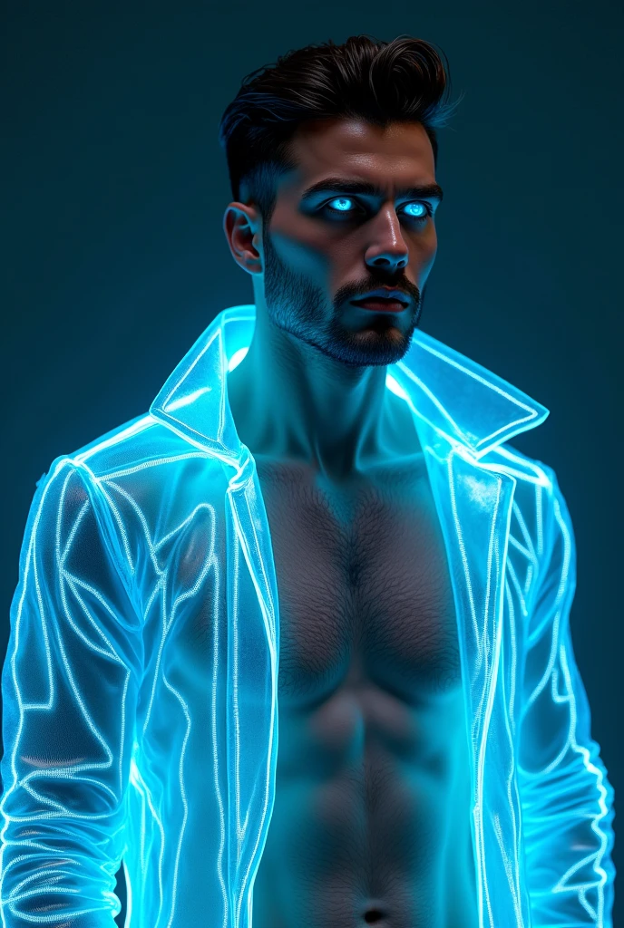 Full Body photorealistic handsome hunky 20 years old man, stubble, wearing transparent see-through futuristic clothes, breathtaking grandeur, LED internal lighting, cyberpunk style, fibre optic hair, glowing blue iris, muscular, best quality, masterpiece, intricate details, dynamic pose, dynamic angle, (surreal), (illustration), ((oil painting \(medium\):1.2)), sharp focus, soft lighting, vibrant colors, cinematic photography, dynamic angle, volumetric lighting, film grain, hard shadows