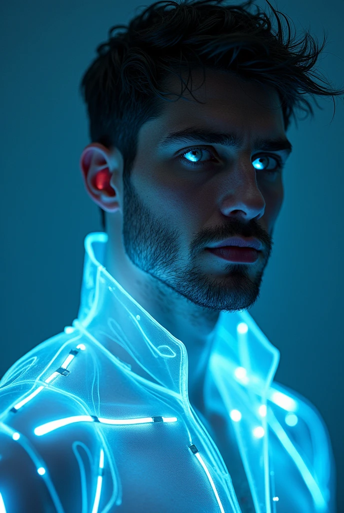 Full Body photorealistic handsome hunky 20 years old man, stubble, wearing transparent see-through futuristic clothes, breathtaking grandeur, LED internal lighting, cyberpunk style, fibre optic hair, glowing blue iris, muscular, best quality, masterpiece, intricate details, dynamic pose, dynamic angle, (surreal), (illustration), ((oil painting \(medium\):1.2)), sharp focus, soft lighting, vibrant colors, cinematic photography, dynamic angle, volumetric lighting, film grain, hard shadows