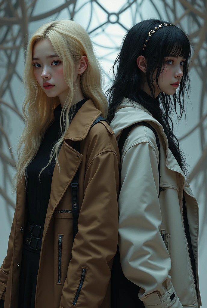 Une fille asiatique avec un long manteau marron et une chemise noire, avec des cheveux longs blond avec des pointes noires, une fille noire gothique avec une veste blanche et des piercings cheveux mi-long en pagaille avec des yeux bleus, avec derrière en fond un atome 