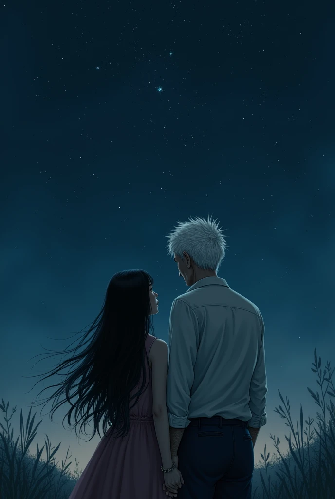 Create a 23 year old girl with long black hair next to a 125 year old boy with blonde hair, In the background the night with stars and the two of them with their backs turned