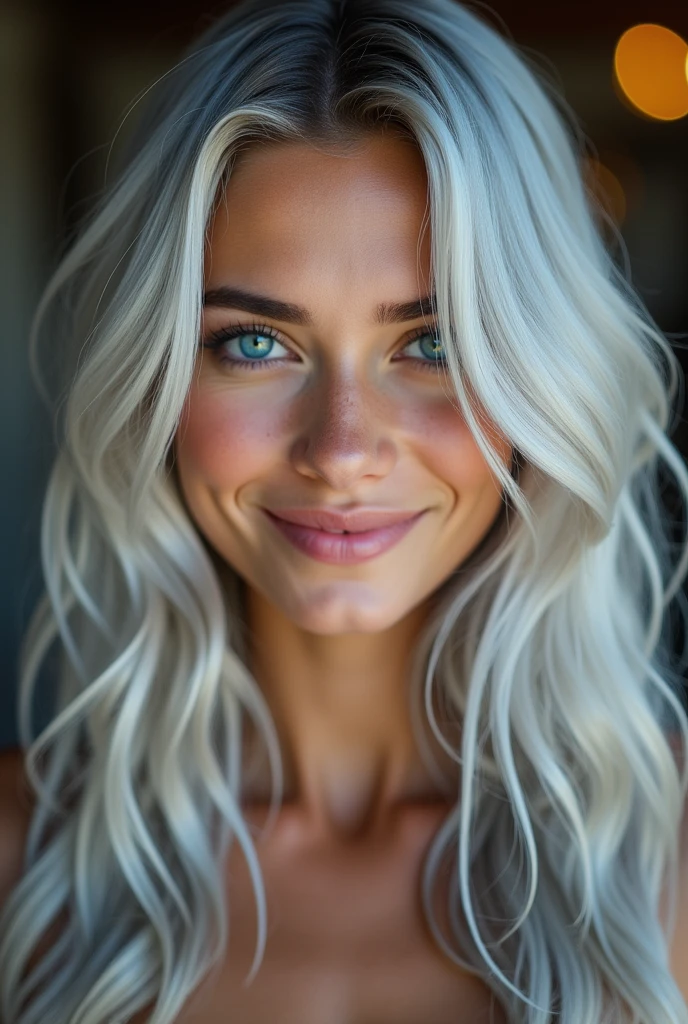 Silver hair, Hair over the shoulder, Long hair, Aqua Blue Eyes, nice smile, Cowboy-shot, 85mm, Canon, uhd, anatomically correct, textured skin, Super Detail, 8k