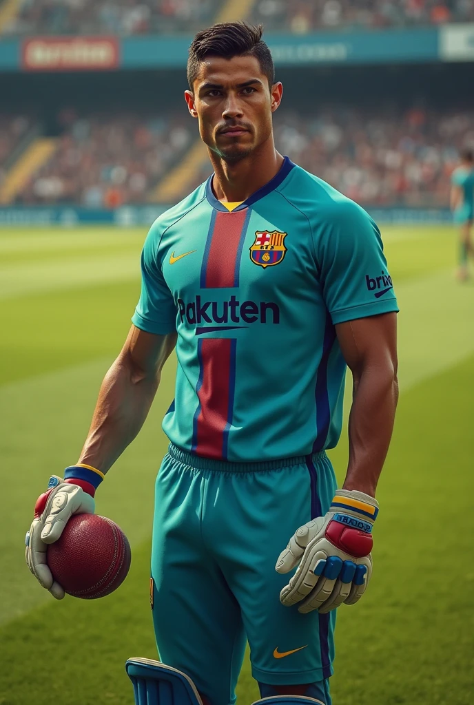 ronaldo as a cricket player.wearing Barcelona jurcy