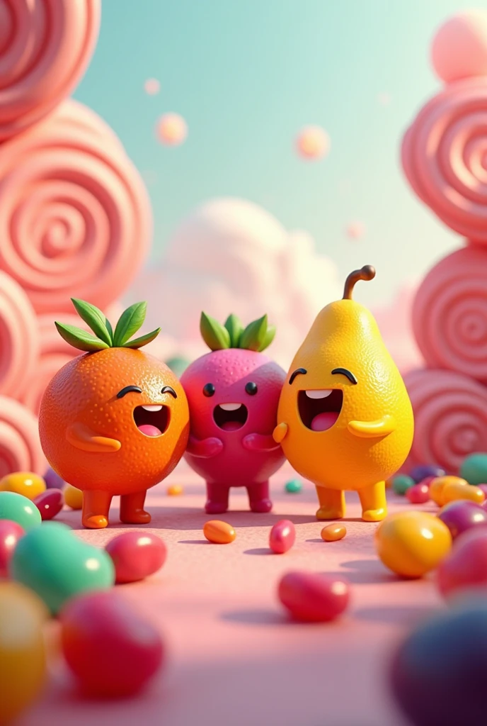 fruits and colourful jelly beans became friends