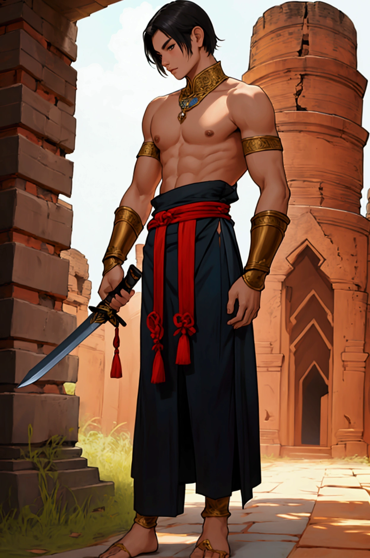 man,Short hair, no shirt,,No shoes while standing.Thai warrior costume holding a sword,Ayutthaya ,Ayutthaya period outfit