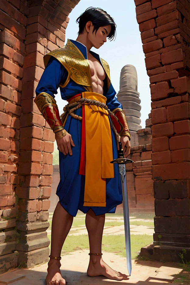 man,Short hair, no shirt,,No shoes while standing.Thai warrior costume holding a sword,Ayutthaya ,Ayutthaya period outfit