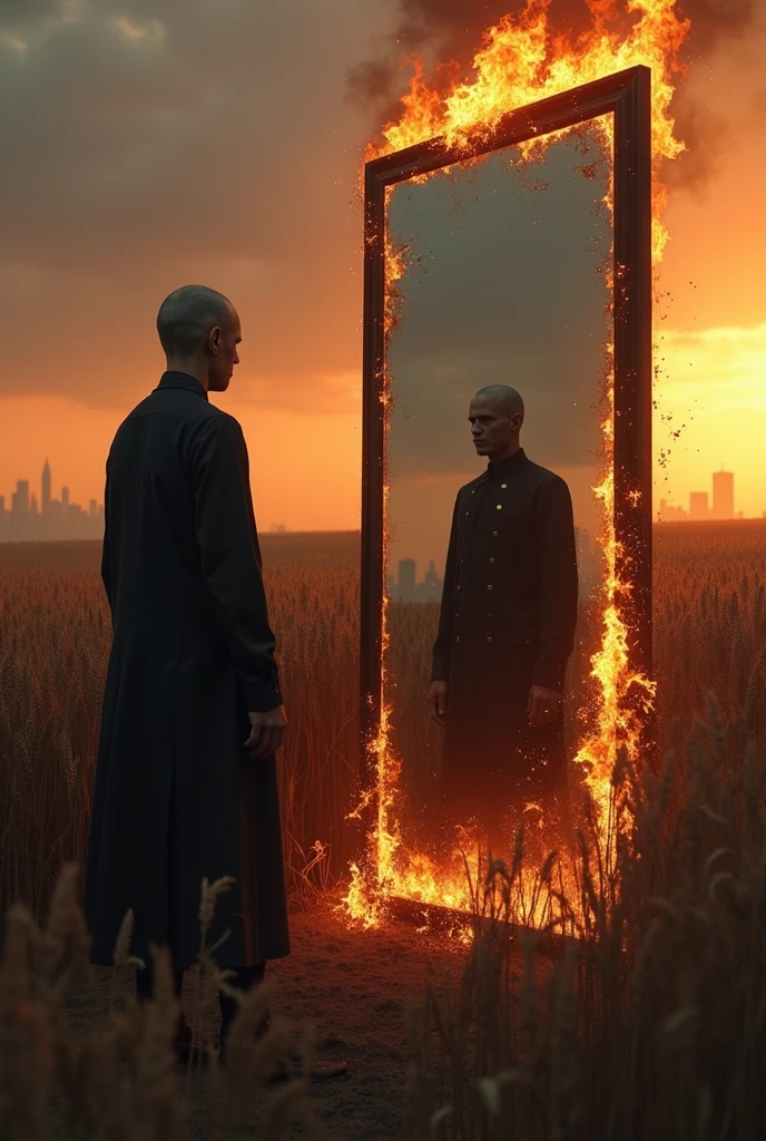 Burning observer looking at his faceless reflection in front of the mirror in a burning wheat field with a city in the background and his reflection coming out of the mirror