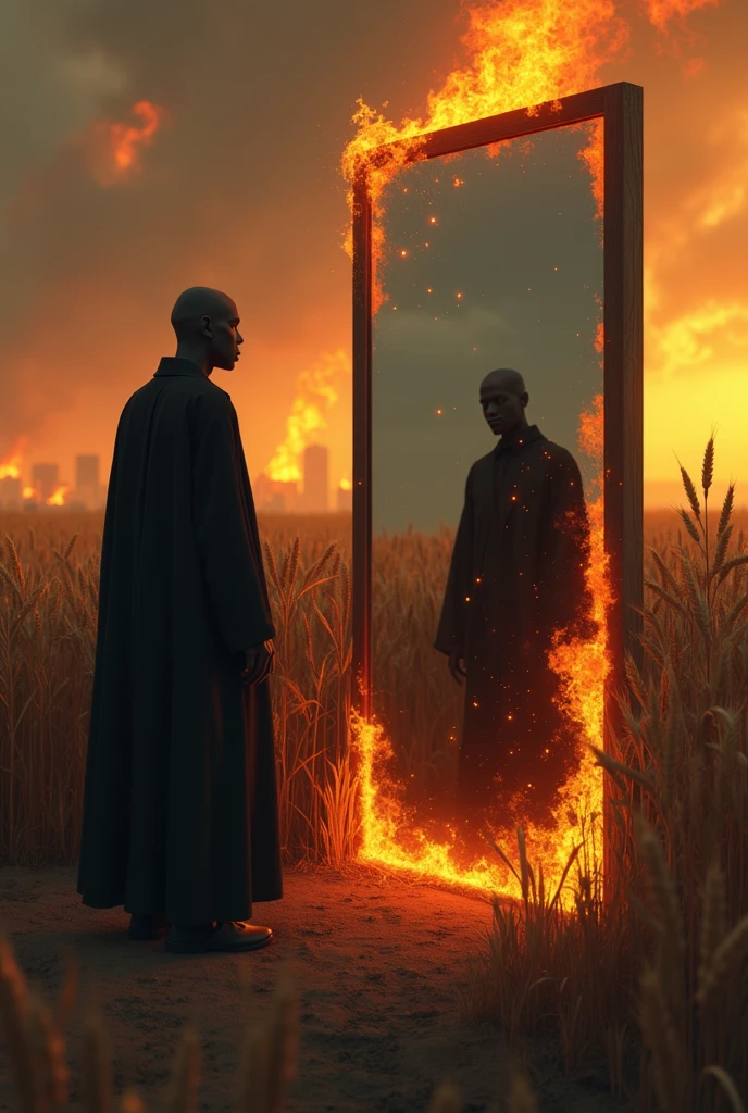 Burning observer looking at his faceless reflection in front of the mirror in a burning wheat field with a city in the background and his reflection coming out of the mirror