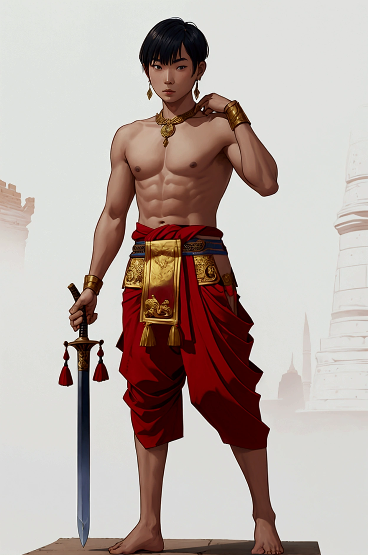 man,Short hair, no shirt,,No shoes while standing.Thai warrior costume holding a sword,Ayutthaya ,Ayutthaya period outfit