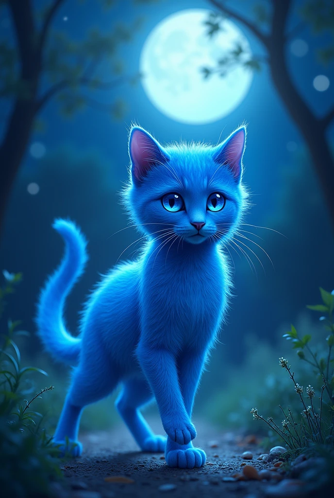 It is a cat with bright blue fur that shines under the moonlight.. His eyes are an intense blue, full of curiosity and determination. He is slim and agile, with an elegant gait that reflects his adventurous nature.