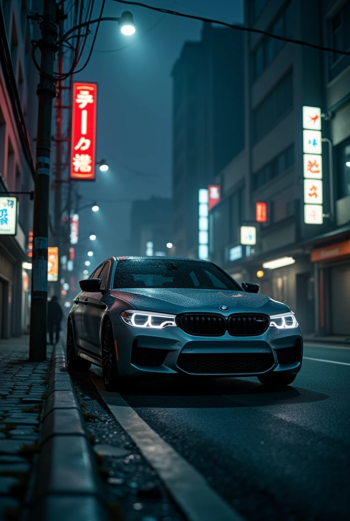 night streets of japan at 2 am and a grey bmw m5 standing at a side of the road