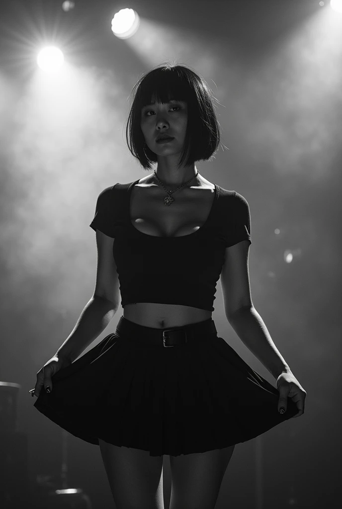Black and white photography、Live footage、18 year old woman。Asian woman with short bob、Straight Hair、band、skirt、Beautiful Face、Punk Rock、Large Breasts、Satomi Ishihara、Black T-shirt、A cleavage so big you could squeeze your penis in it、Stage Lighting、smoke、mist、Alice Hirose、Solo artist、skirtめくり、