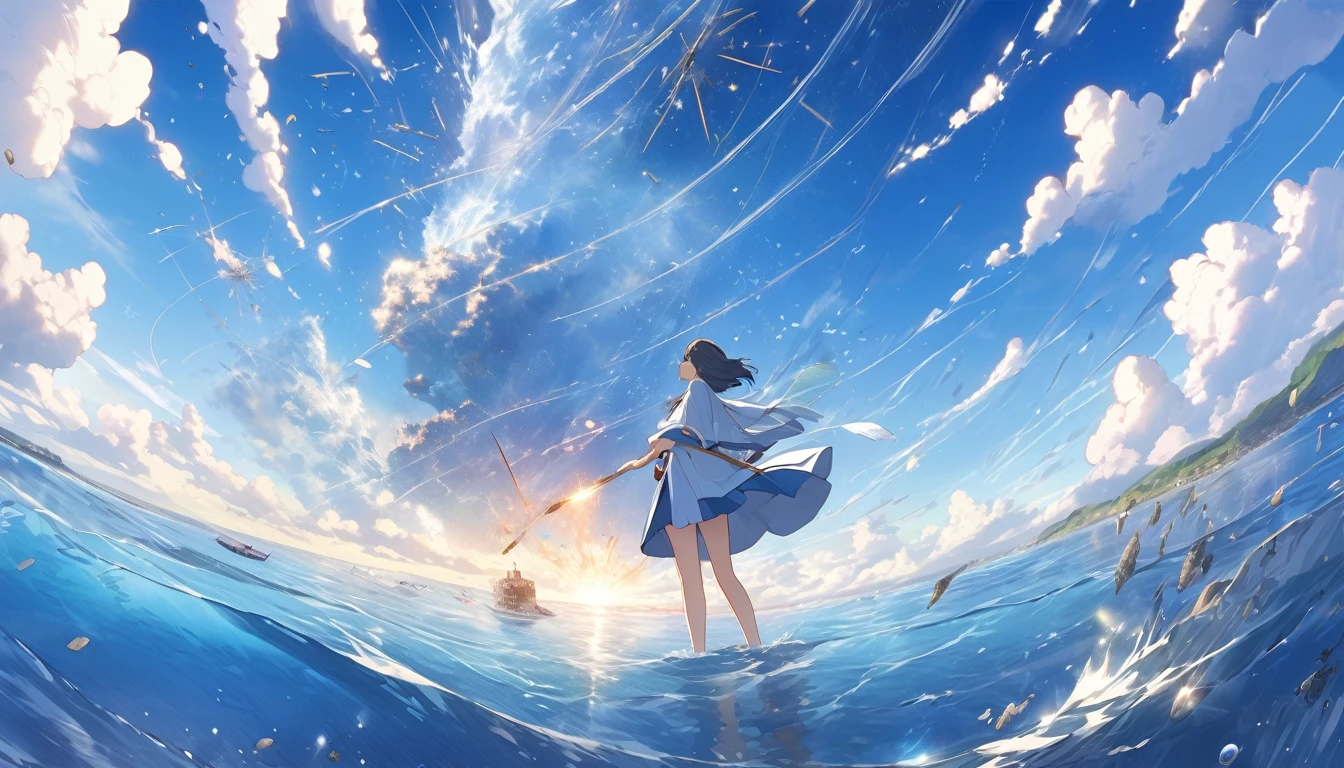 High definition、high resolution、Masterpiece、Meteorites falling into the ocean、In 1999、Great Prophecy of Nostradamus、The sea surface explodes、Daytime background、Amazing young people、Makoto Shinkai style