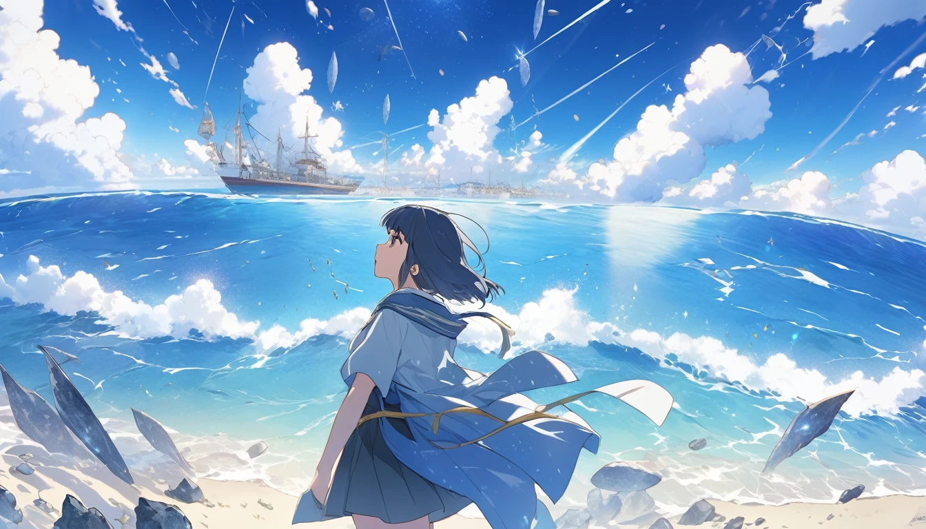 High definition、high resolution、Masterpiece、Meteorites falling into the ocean、In 1999、Great Prophecy of Nostradamus、The sea surface explodes、Daytime background、Amazing young people、Makoto Shinkai style