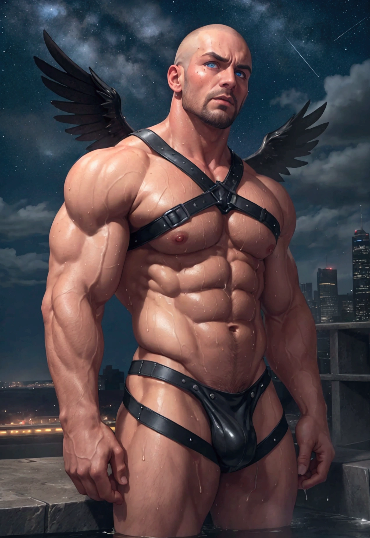 Big macho man、Skinhead、Burnt skin、It has large black wings、Muscular、Please wear the shoulder straps completely naked.、Your body is wet、Sweating、A starry sky、Modern city、manly、Perfect Eyes、Blue Eyes