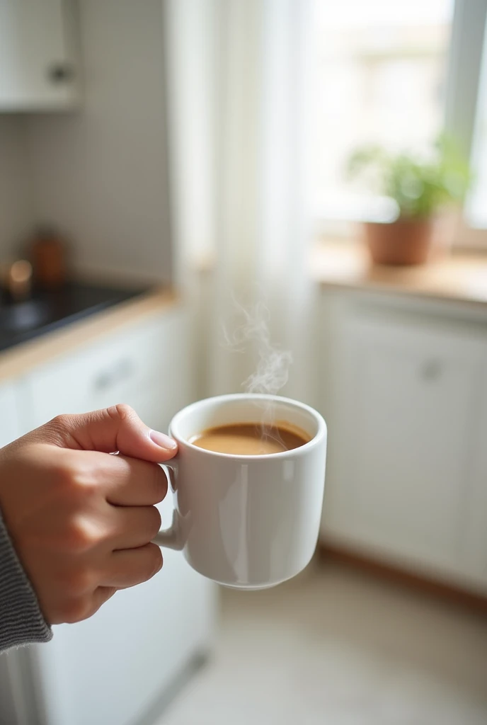 Photographing my hand holding a cup of coffee in a kitchen with white furniture and a blurry background