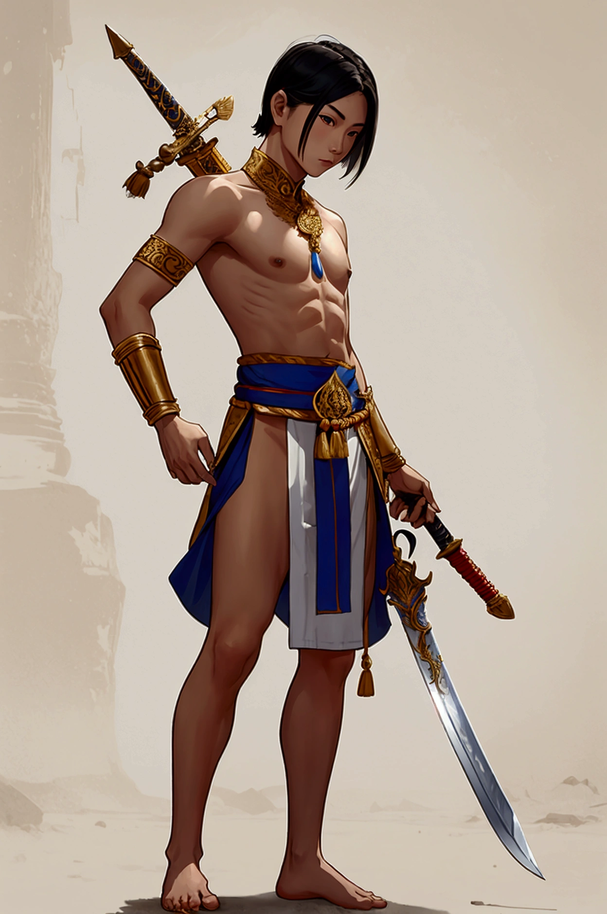 man,Short hair, no shirt,,No shoes while standing.Thai warrior costume holding a sword,Ayutthaya ,Ayutthaya period outfit