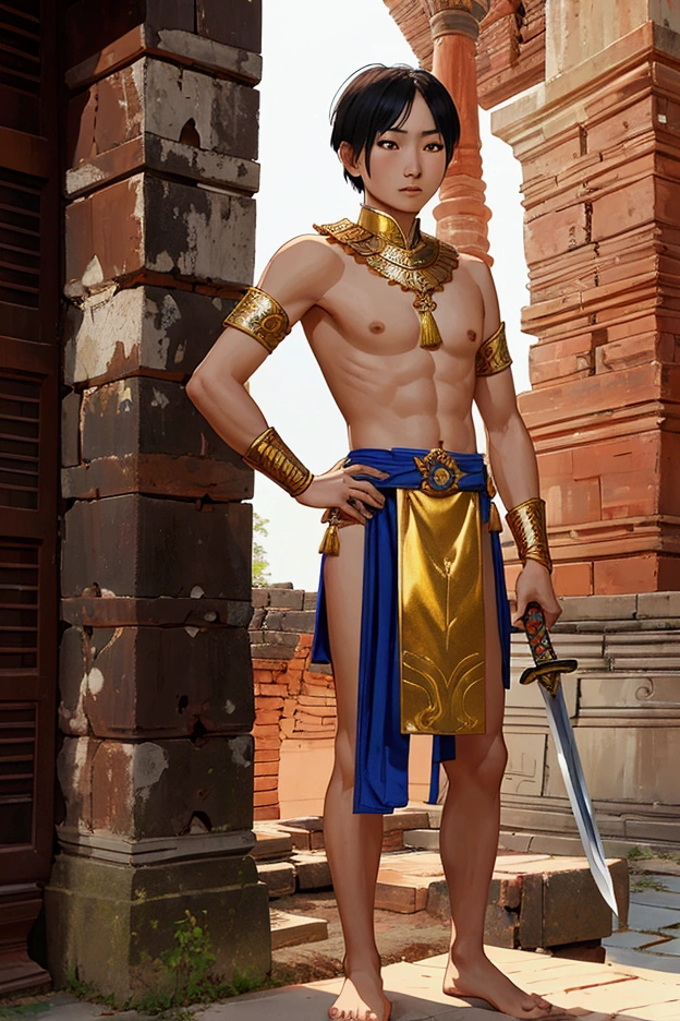 man,Short hair, no shirt,,No shoes while standing.Thai warrior costume holding a sword,Ayutthaya ,Ayutthaya period outfit