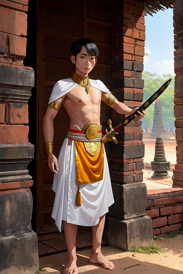 man,Short hair, no shirt,,No shoes while standing.Thai warrior costume holding a sword,Ayutthaya ,Ayutthaya period outfit