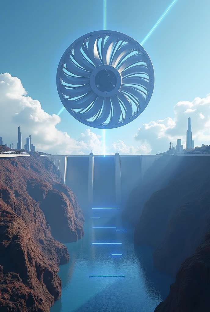 Create a futuristic image of large dam with Francis rotors floating on the sky