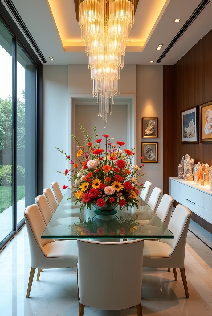 A large dining room with a classic romantic modern futuristic style. With a glass table and in the center a vase of large and beautiful tulip flowers, peonias, rose, gerberas, sunflowers, with white chairs. On the ceiling a modern chandelier. On the left there is a window with a view of the garden and on the right there are paintings and below there is a modern display case with large decorations of quartz and colorful crystals and precious stones.