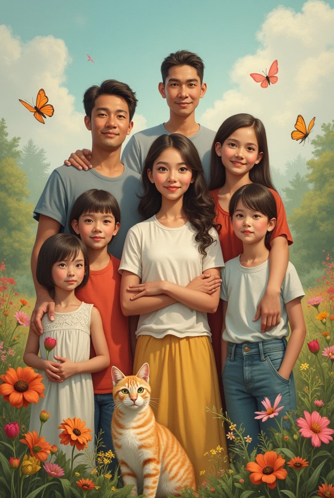 a civil engineer with her 5 sisters, her father and brother in heaven, her two male cousins, a cat, many animals and a dancer in a landscape with flowers and butterflies.