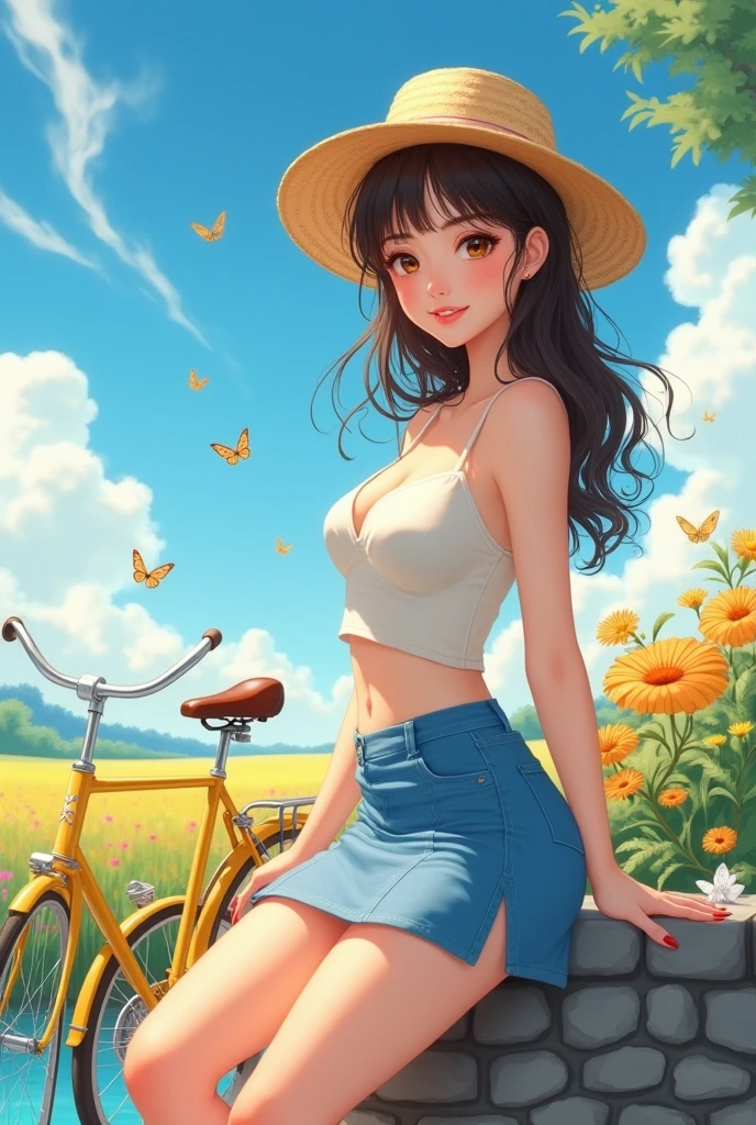 Hyper realistic faces a very sexy beautiful girl wearing a light-colored straw hat, light-colored top, and slim blue mini skirt is smiling and sitting next to a stone wall, with a yellow classic bike accompanying her. There are colorful river fields in the foreground, blue sky and white clouds in the background, realistic faces and eyes, and a few butterflies flying, masterpiece, UHD, 18K