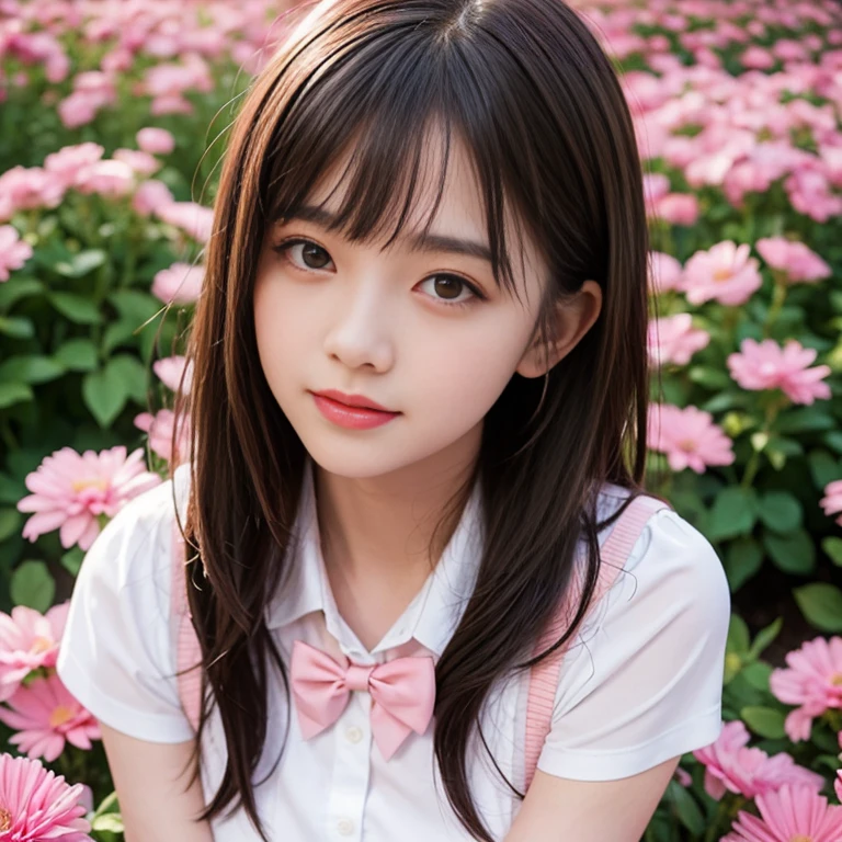 Pink short pleated skirt, in the flower field，Wearing a white sailor suit，white shirt，(knee shot) ,pink bow tie，Pink navy collar，1 female, On the face, laughing out loud, light brown hair, blunt bangs, hair behind ears, Shoulder-length hair, long hair, Slender body type, 超face slimming型, face slimming, delicate lips, beautiful eyes, Thin blush, Eyes are light brown,View here, (actual:1.3), One person's perspective, 8k, Super detailed, high quality, best quality, High resolution, ，Large Breasts，wear a H cup, 2,above knee shot