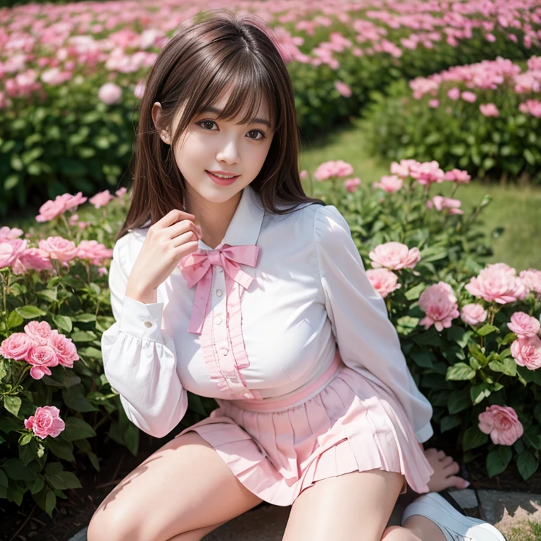 Pink short pleated skirt, in the flower field，Wearing a white sailor suit，white shirt，(knee shot) ,pink bow tie，Pink navy collar，1 female, On the face, laughing out loud, light brown hair, blunt bangs, hair behind ears, Shoulder-length hair, long hair, Slender body type, 超face slimming型, face slimming, delicate lips, beautiful eyes, Thin blush, Eyes are light brown,View here, (actual:1.3), One person's perspective, 8k, Super detailed, high quality, best quality, High resolution, ，Large Breasts，wear a H cup, 2,above knee shot